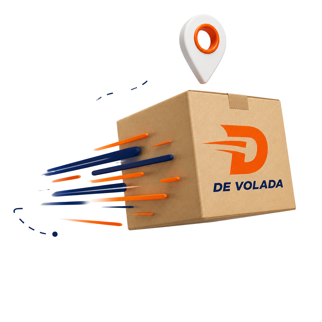 Caja De Volada en movimiento con pin de ubicación y ruta de entrega